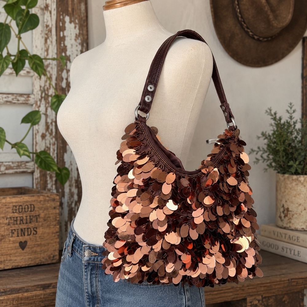 Copper Sequin Paillette Hobo Bag Brown Metallic Disc Shoulder Bag Y2K Glamour